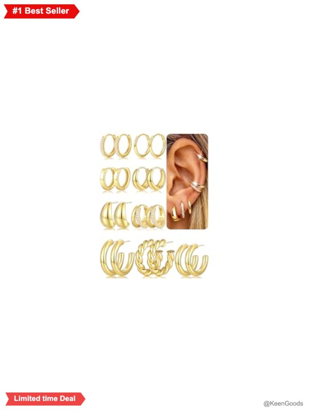 9 Pairs Gold Hoop Earrings for Women, 14K Gold Plated Stackable Set